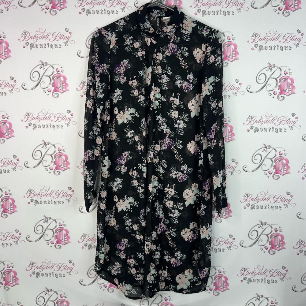 H&M divided flowers button up long sheer lightweight Black Floral Dress